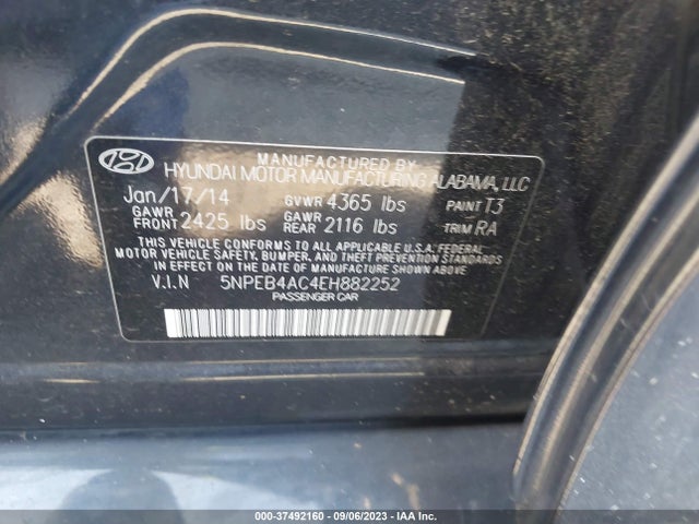 37492160 :رقم المزاد ، 5NPEB4AC4EH882252 vin ، 2014 Hyundai Sonata Gls مزاد بيع