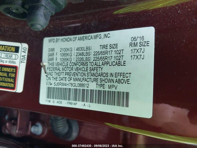 Honda Cr-v Ex-l 2016 5J6RM4H78GL088612 Image 9