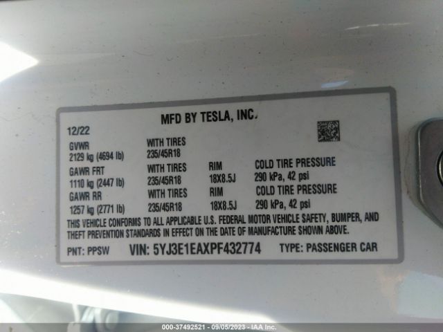 5YJ3E1EAXPF432774 Tesla MODEL 3