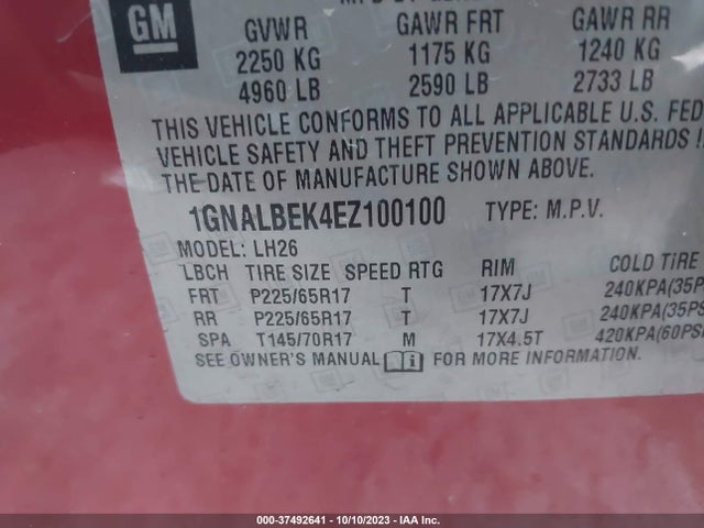 2014 CHEVROLET EQUINOX LT VIN: 1GNALBEK4EZ100100