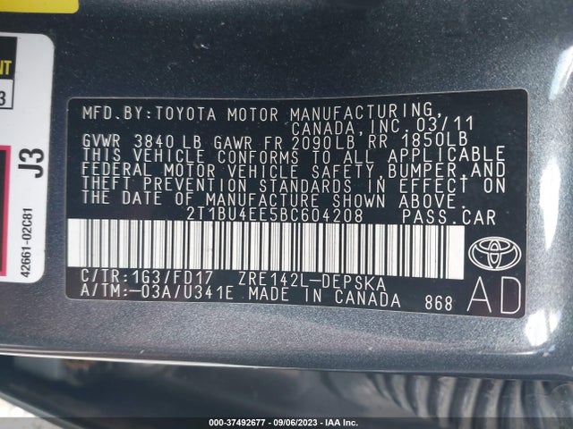 2011 TOYOTA COROLLA L/LE/S VIN: 2T1BU4EE5BC604208