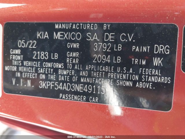 3KPF54AD3NE491151 KIA Forte Gt-line
