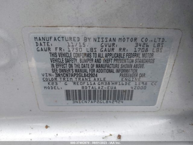 3N1CN7AP2GL842924 Nissan Versa S Plus
