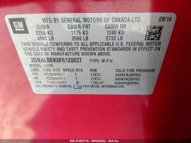 Chevrolet EQUINOX LT 2015 2GNALBEK8F6120637 Image 9