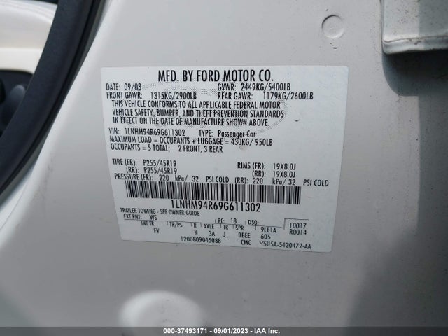 2009 LINCOLN MKS VIN: 1LNHM94R69G611302