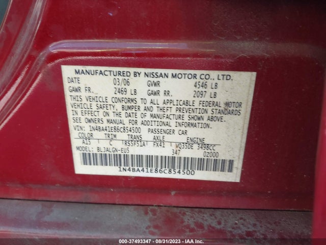 2006 NISSAN MAXIMA 3.5 SL VIN: 1N4BA41E86C854500