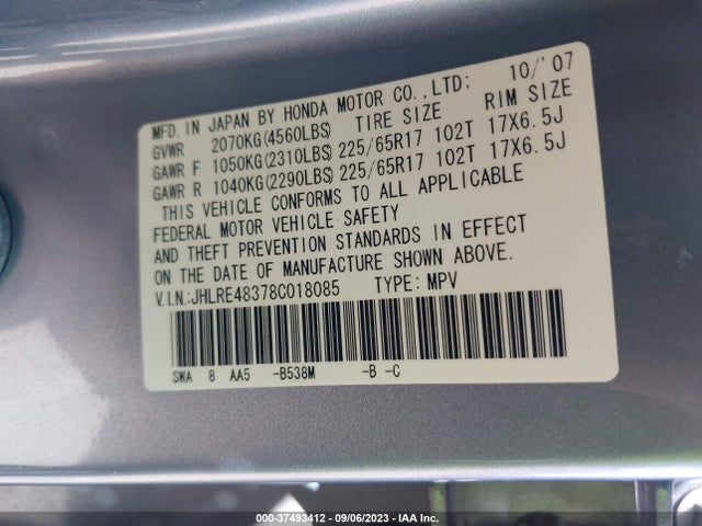 2008 HONDA CR-V LX VIN: JHLRE48378C018085