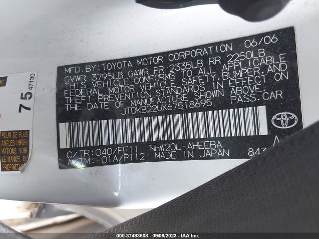 2006 TOYOTA PRIUS VIN: JTDKB22UX67518695