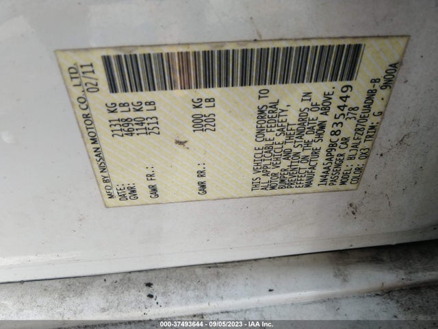 2011 NISSAN MAXIMA 3.5 SV VIN: 1N4AA5AP9BC835449