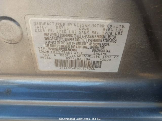 3N1CN7APXGL809086 Nissan Versa 1.6 S/1.6 S+/1.6 Sl/1.6 Sv