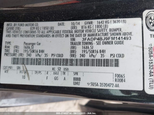 2015 FORD FIESTA SE VIN: 3FADP4BJ9FM141493