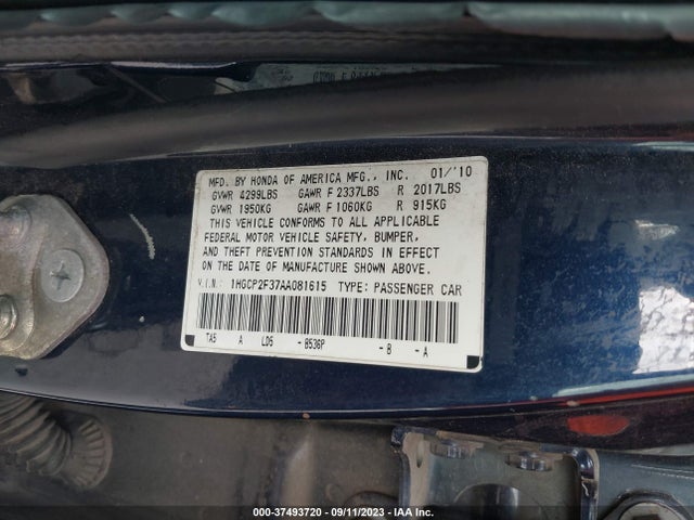 2010 HONDA ACCORD SDN LX VIN: 1HGCP2F37AA081615