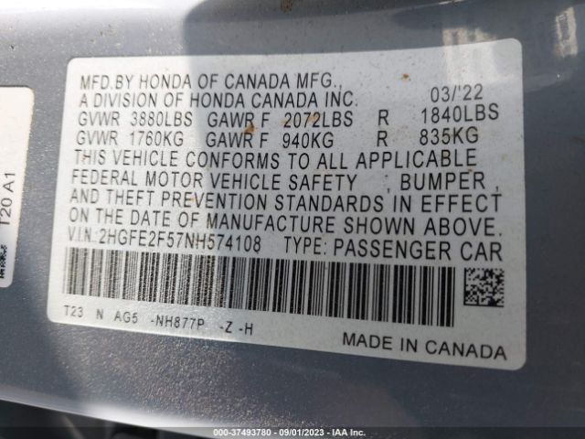 2HGFE2F57NH574108 Honda Civic Sedan Sport