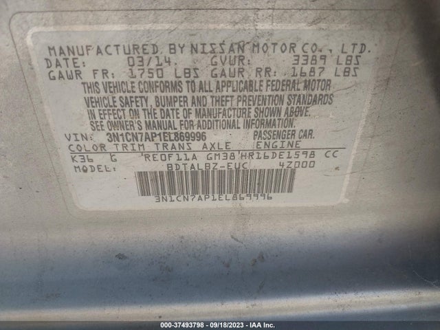Nissan VERSA SV 2014 3N1CN7AP1EL869996 Image 9