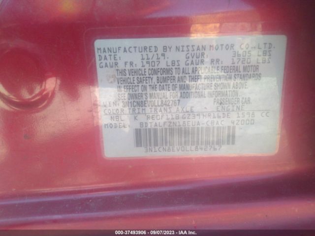 3N1CN8EV0LL842767 Nissan VERSA SV