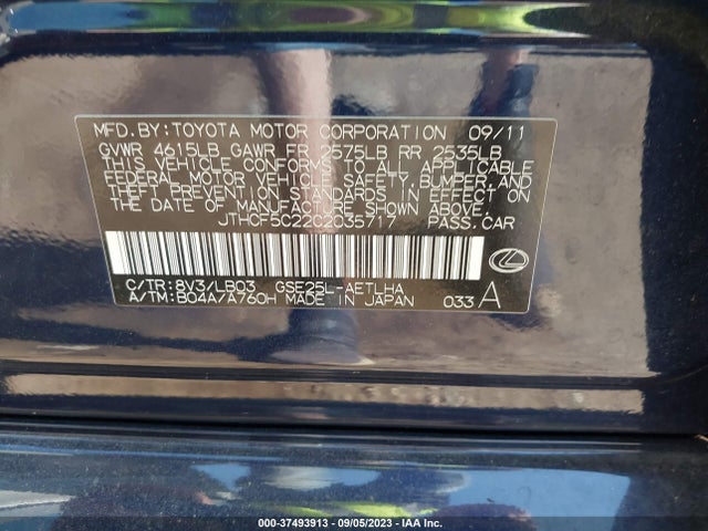 2012 LEXUS IS 250 VIN: JTHCF5C22C2035717