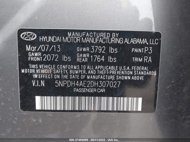 2013 HYUNDAI ELANTRA GLS PZEV VIN: 5NPDH4AE2DH307027