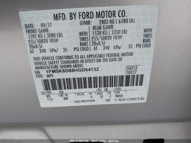 1FM5K8D88HGD64132 Ford EXPLORER XLT
