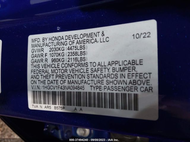 1HGCV1F43NA094845 Honda Accord Sedan Sport Se