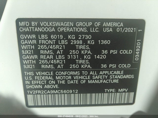 1V2FR2CA9MC560912 Volkswagen Atlas 3.6l V6 Sel Premium