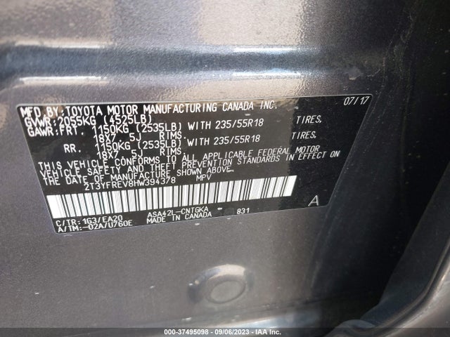 2017 TOYOTA RAV4 LIMITED/PLATINUM VIN: 2T3YFREV8HW394378