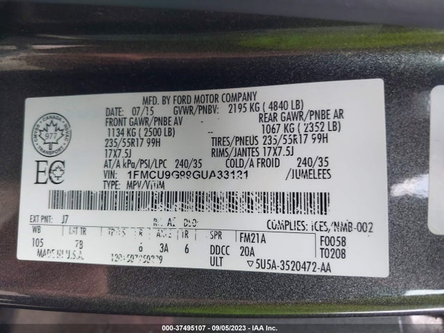Ford ESCAPE SE 2016 1FMCU9G99GUA33121 Image 9