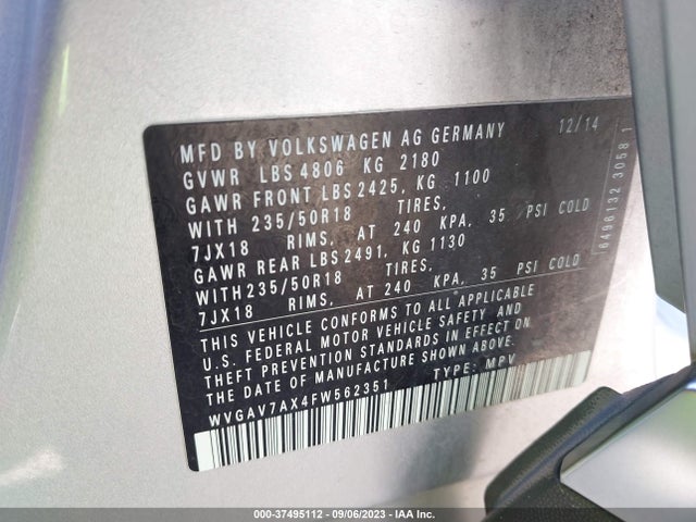 WVGAV7AX4FW562351 Volkswagen Tiguan Sel