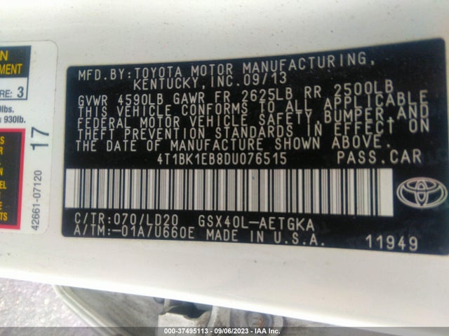 2013 TOYOTA AVALON XLE/LIMITED VIN: 4T1BK1EB8DU076515