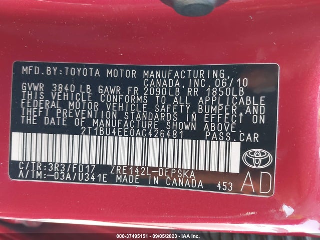 2010 TOYOTA COROLLA VIN: 2T1BU4EE0AC426481