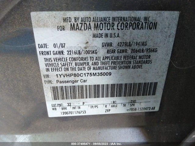 2007 MAZDA MAZDA6 I SPORT VE VIN: 1YVHP80C175M35009