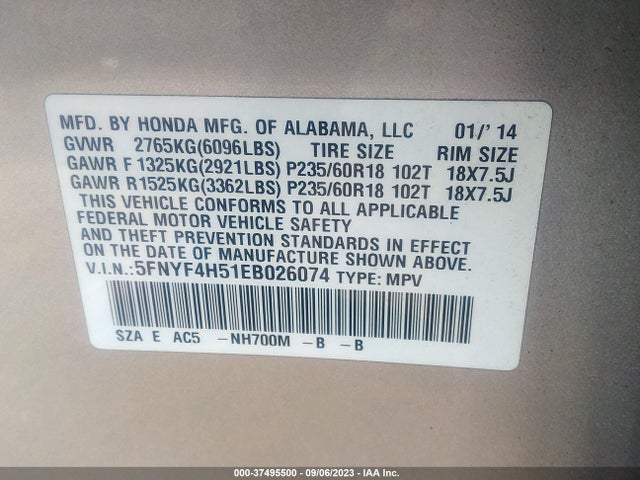 2014 HONDA PILOT EX-L VIN: 5FNYF4H51EB026074