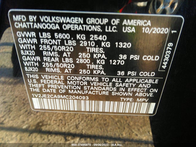 1V2JE2CA9MC204093 Volkswagen Atlas Cross Sport 3.6l V6 Se W/technology
