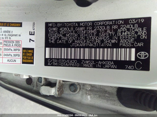 2019 TOYOTA PRIUS PRIME PLUS/PREMIUM/ADVANCED VIN: JTDKARFP4K3114194