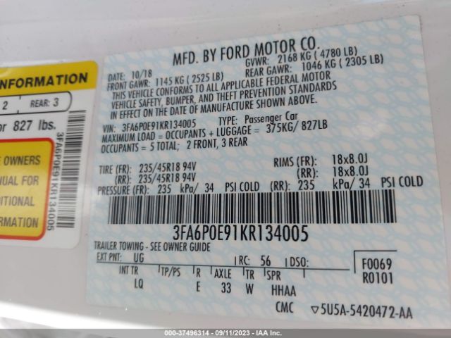 3FA6P0E91KR134005 Ford FUSION SEL