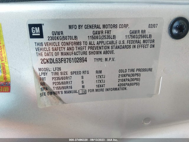 2007 PONTIAC TORRENT VIN: 2CKDL63F876102894