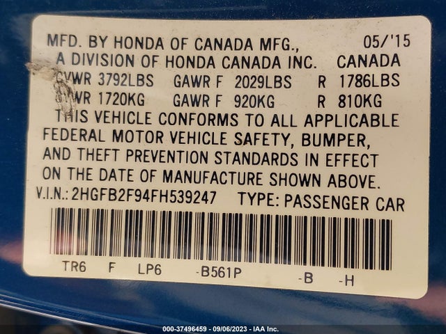 2015 HONDA CIVIC SEDAN EX-L VIN: 2HGFB2F94FH539247