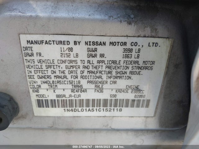 2001 NISSAN ALTIMA GLE VIN: 1N4DL01A51C152118