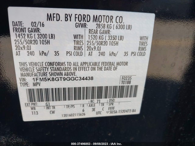 Ford EXPLORER SPORT 2016 1FM5K8GT9GGC34438 Image 9