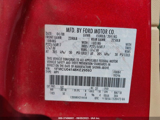 2008 FORD ESCAPE LIMITED VIN: 1FMCU04148KE29593