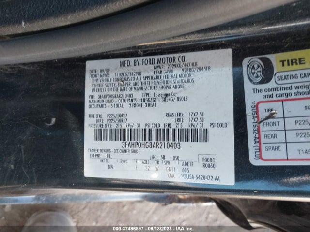 2010 FORD FUSION SE VIN: 3FAHP0HG8AR210403