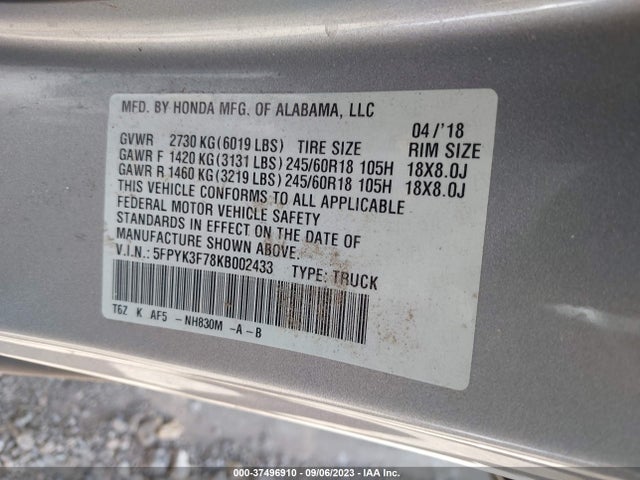 Honda Ridgeline Rtl-e 2019 5FPYK3F78KB002433 Image 9