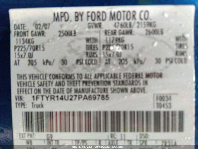 2007 FORD RANGER XL/STX/XLT/SPORT VIN: 1FTYR14U27PA69785