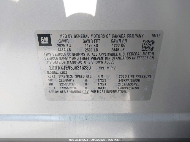 Chevrolet EQUINOX LT 2018 2GNAXJEV3J6216239 Image 9