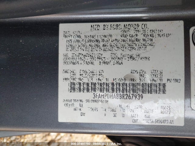 2011 FORD FUSION SE VIN: 3FAHP0HA8BR267939