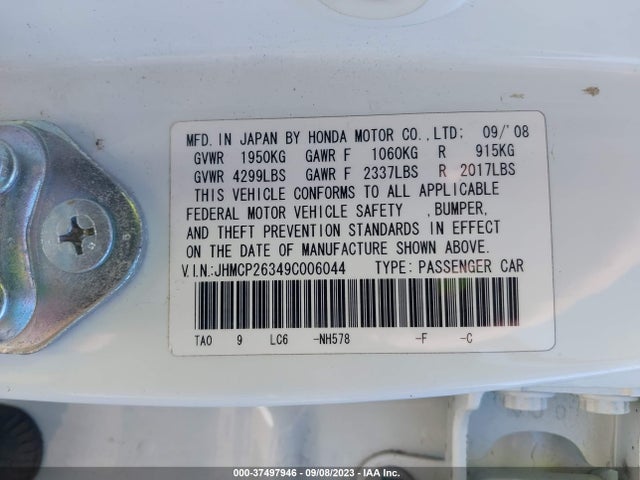 2009 HONDA ACCORD SDN LX VIN: JHMCP26349C006044