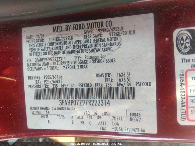 2007 FORD FUSION SE VIN: 3FAHP07Z97R222314