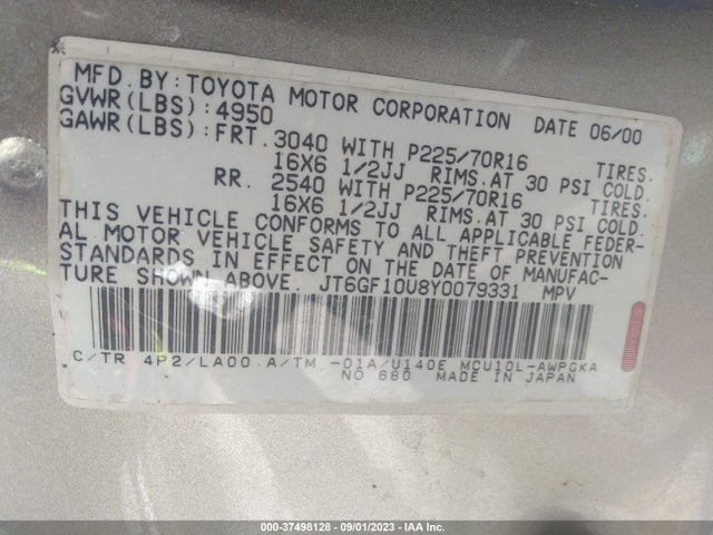 2000 LEXUS RX 300 VIN: JT6GF10U8Y0079331