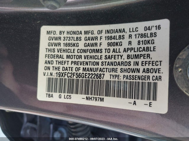 Honda Civic Lx 2016 19XFC2F56GE222687 Image 9