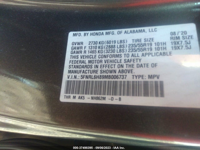 2021 HONDA ODYSSEY TOURING VIN: 5FNRL6H89MB006737