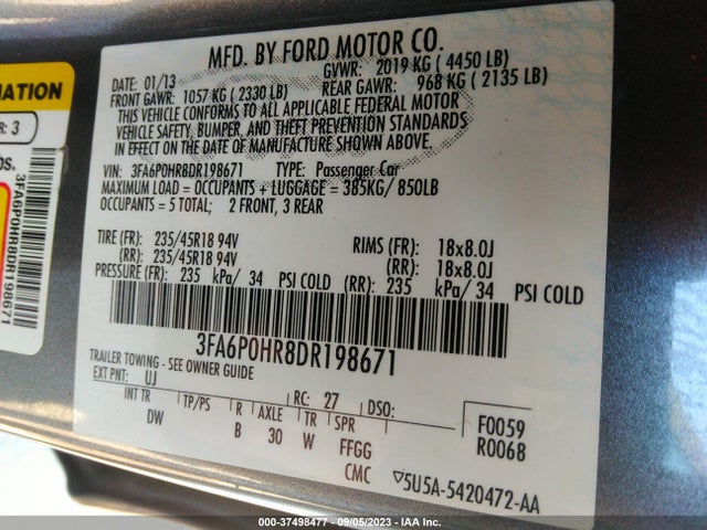 2013 FORD FUSION SE VIN: 3FA6P0HR8DR198671